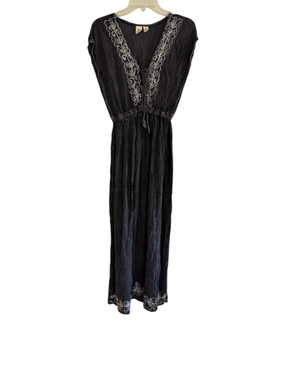 BE Beach by Exist Crinkle Gray Maxi Dress Cover Up Embroidered Boho Resort S
